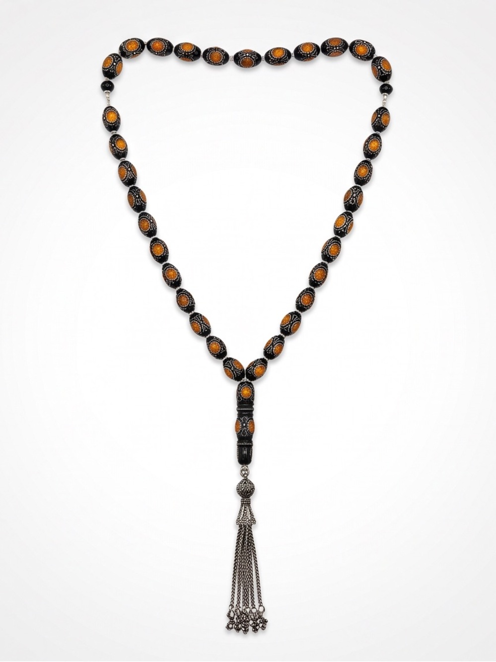 Handcrafted Misbaha Prayer Beads with Amber Inlays and .925 Silver Tassel Chain